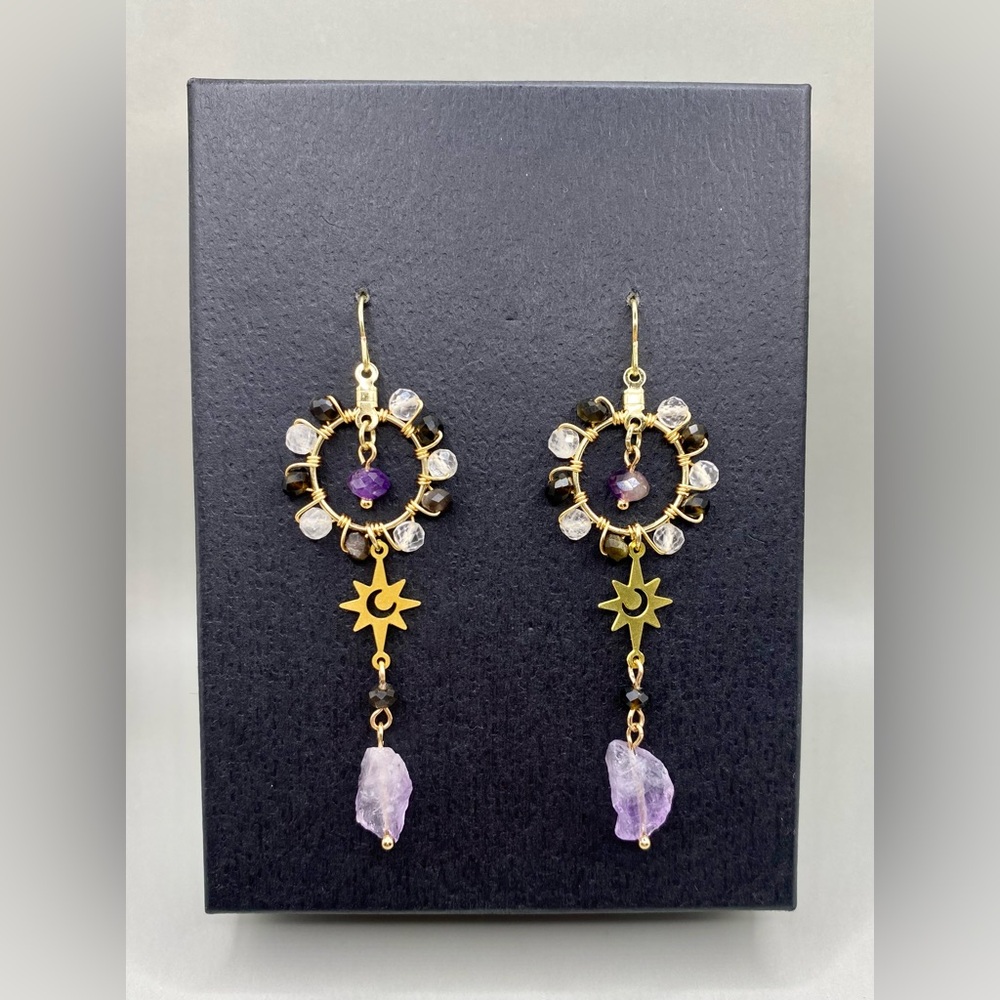 🌚💜Black Obsidian Amethyst Clear Quartz Starburst Moon Earrings